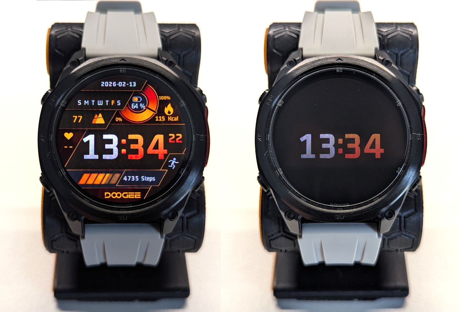 Standard watch face and its always-on display variant on the Anywise W1 Pro