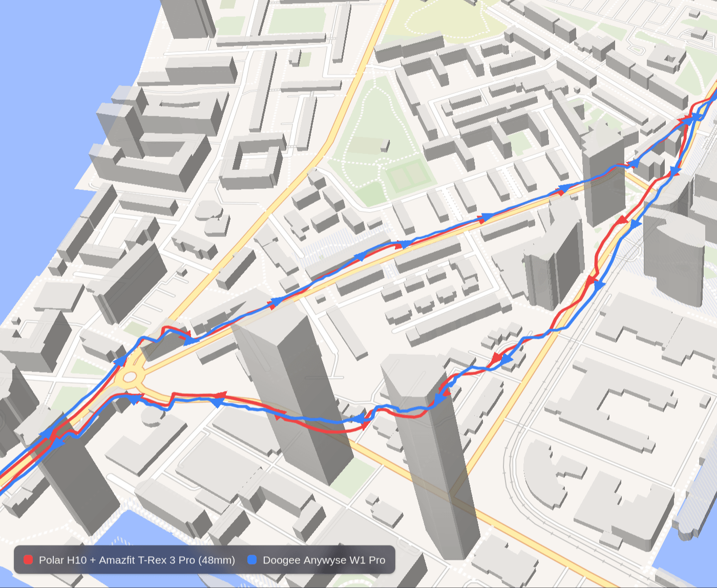 Map overlay comparing GNSS tracks from the Anywise W1 Pro and Amazfit T-Rex 3 Pro on an urban route
