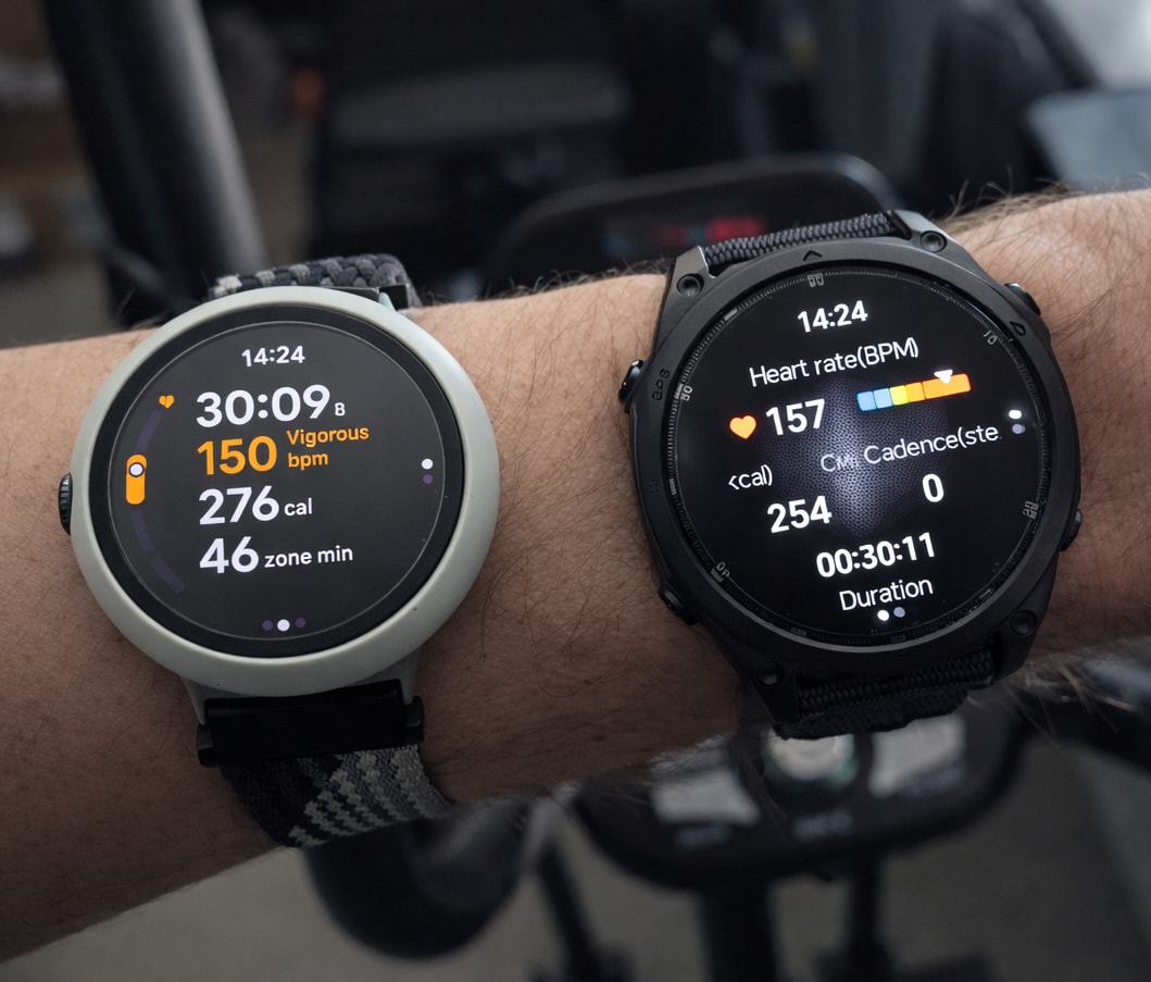 Wrist shot of the Anywise W1 Pro during an indoor elliptical workout