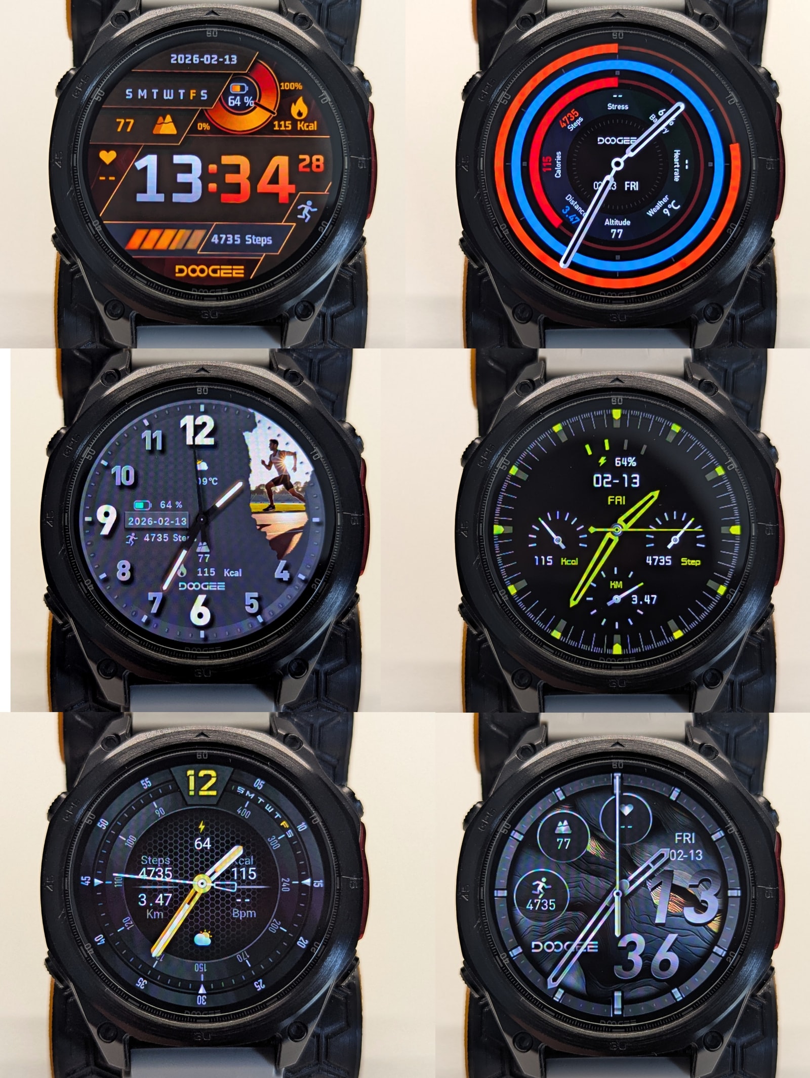 Selection of preinstalled watch faces available on the Anywise W1 Pro