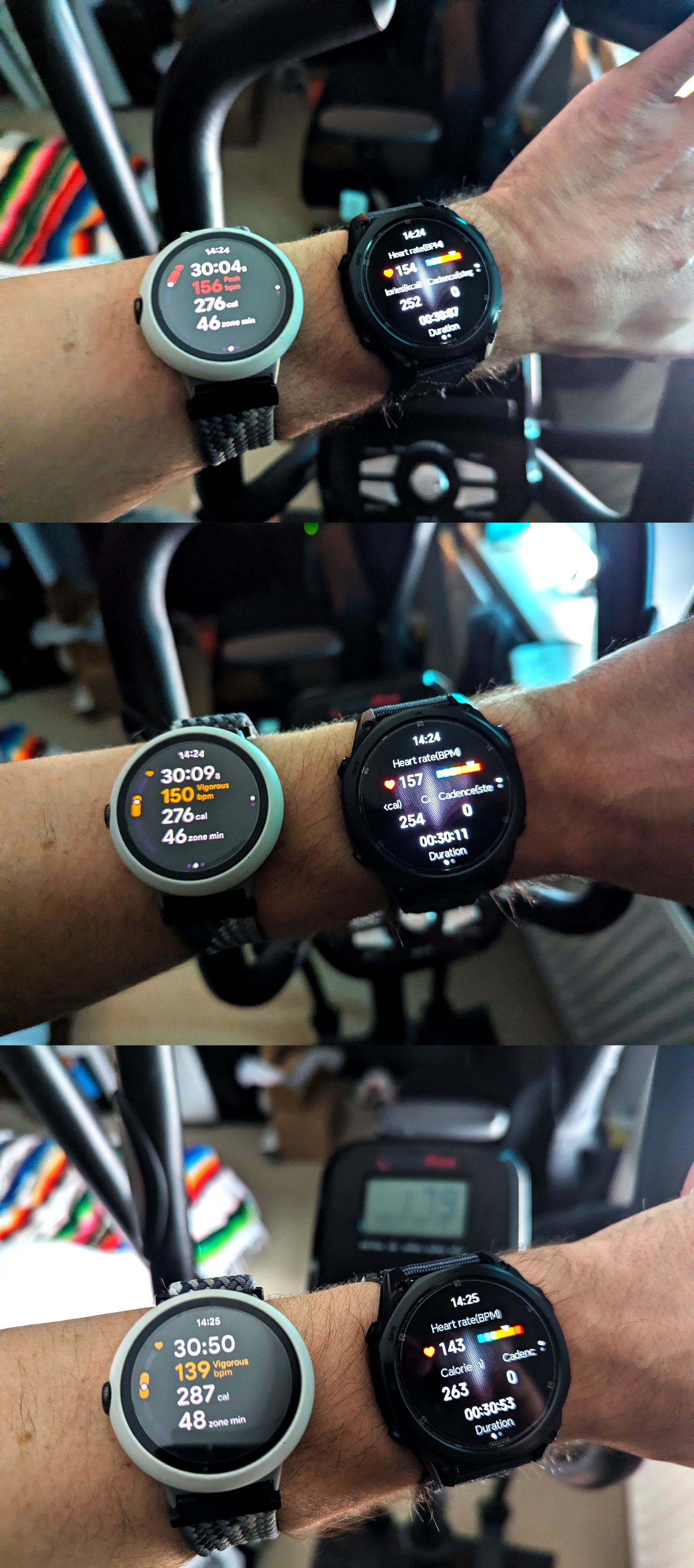 Wrist shots of the Anywise W1 Pro during an indoor elliptical workout