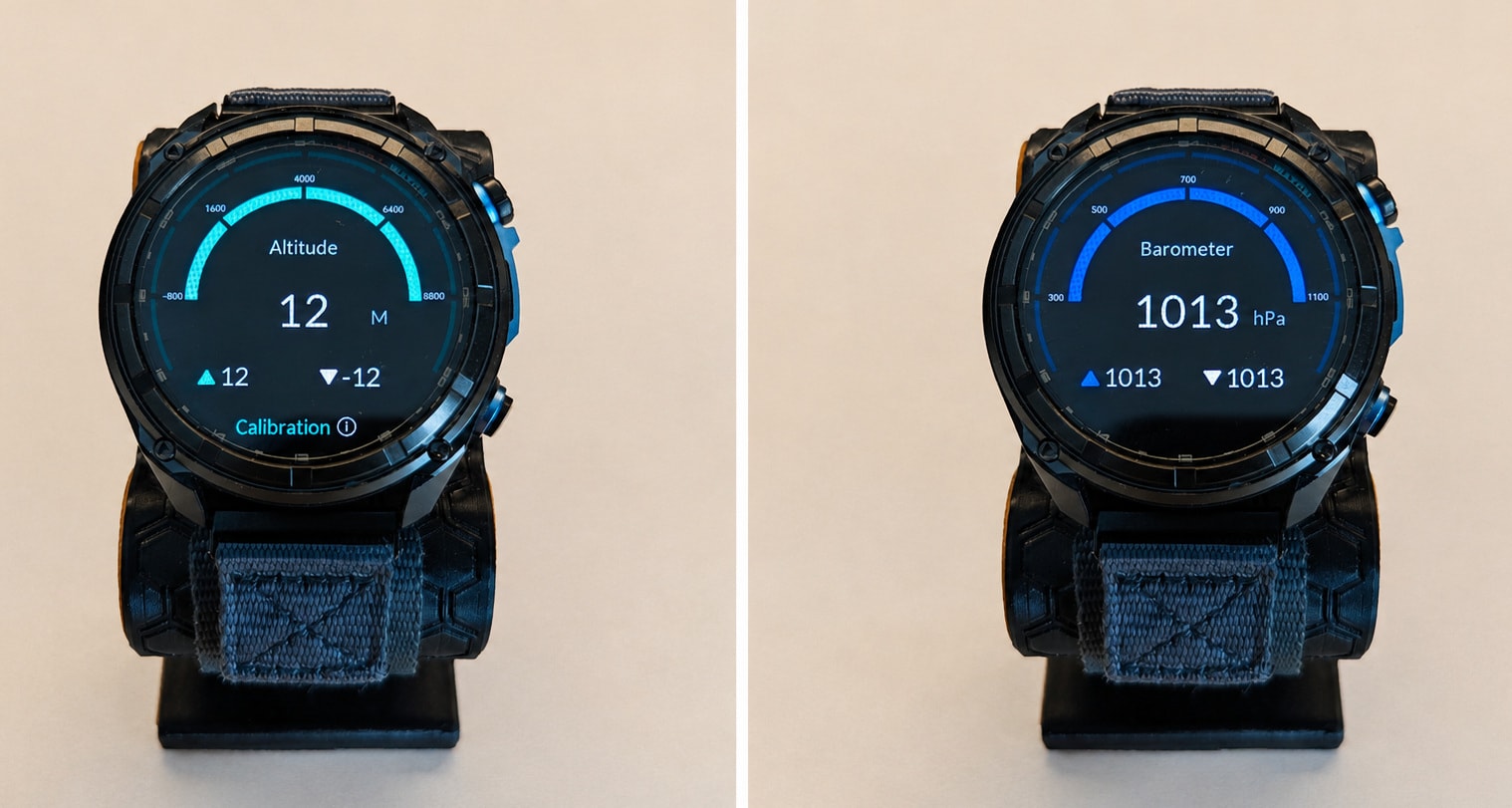 The KKTICK Tank T5 altitude and barometer screens showing live elevation and air-pressure readouts on the watch