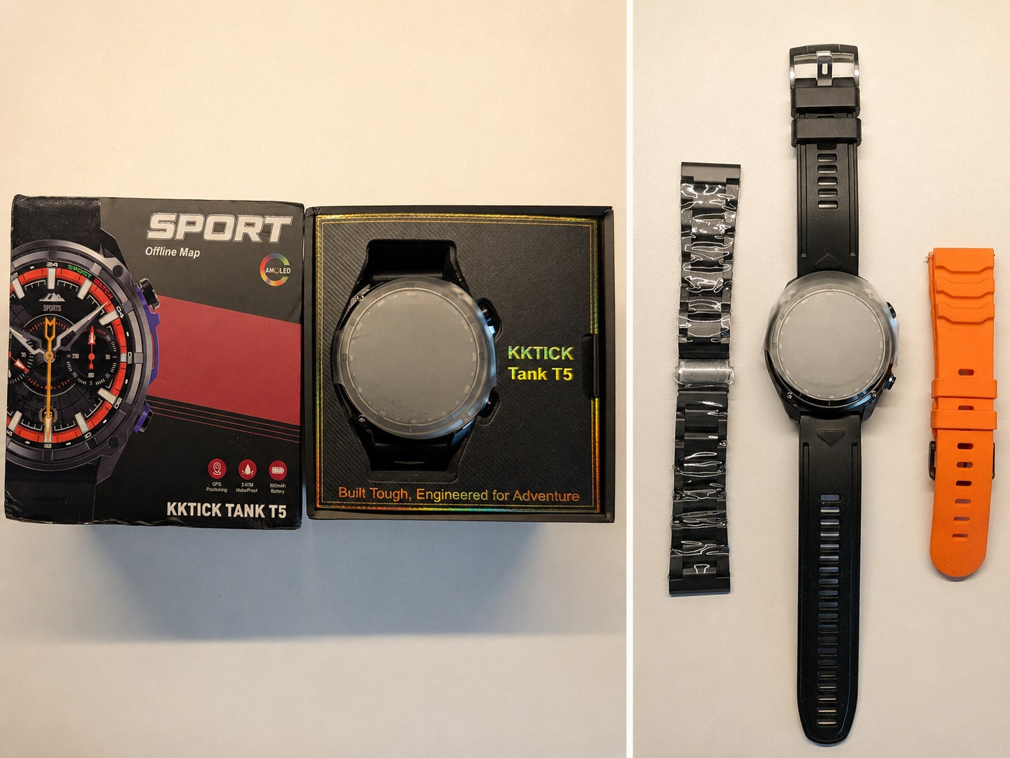 KKTICK Tank T5 retail packaging with the watch, black silicone strap, orange silicone strap and wrapped metal bracelet laid out beside the box