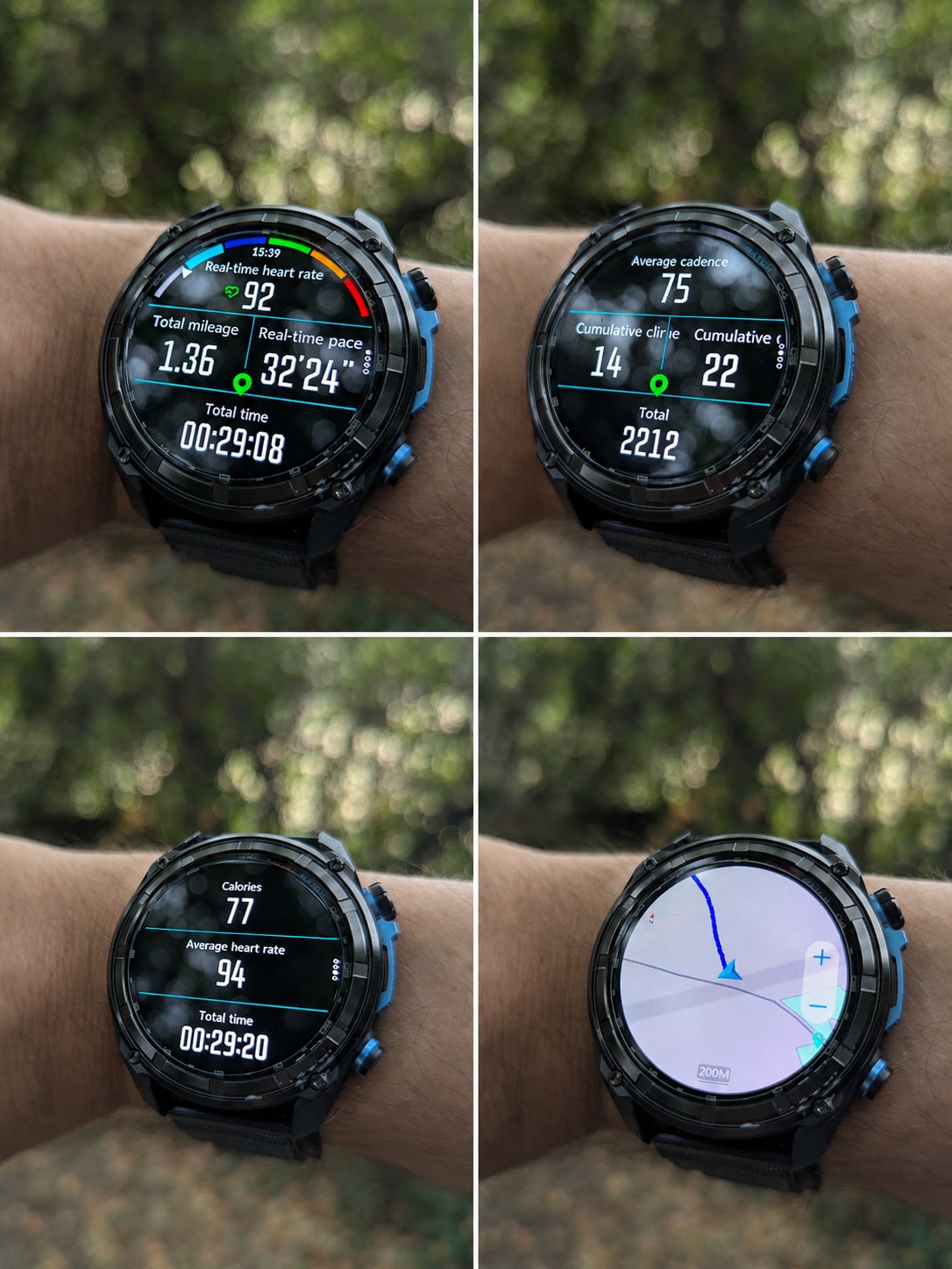 The KKTICK Tank T5 during a hike, showing workout data screens and a simple route map in outdoor use