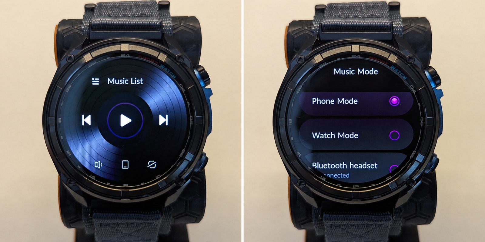 The KKTICK Tank T5 music app showing on-watch playback controls and the menu for switching between phone control, local watch music and Bluetooth headset output