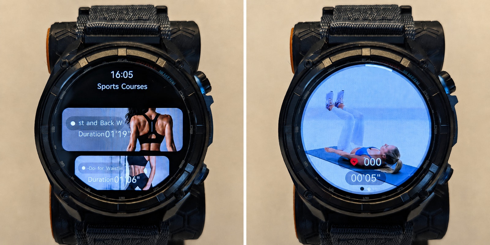 The KKTICK Tank T5 sports-courses feature showing a list of guided exercise clips and one of the simple on-watch workout videos in progress