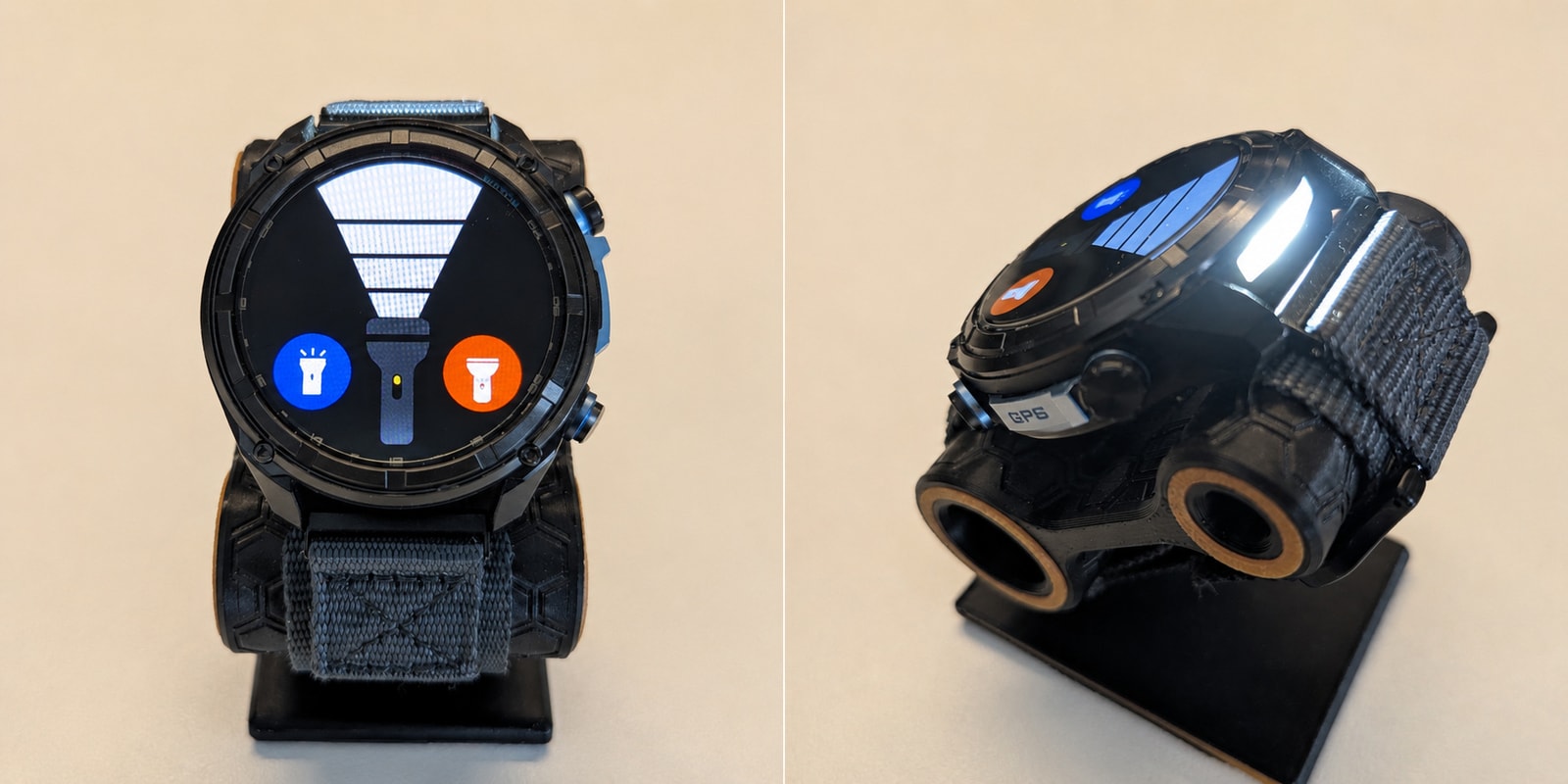 The KKTICK Tank T5 flashlight interface on the display and the dedicated side-mounted LED turned on
