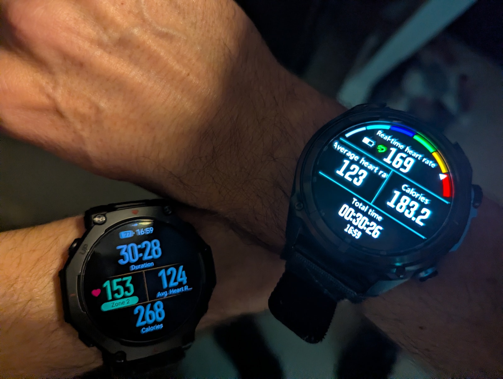 The KKTICK Tank T5 and Amazfit T-Rex 3 Pro worn side by side during a workout comparison session