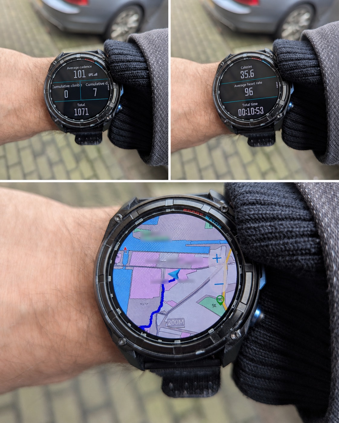 The KKTICK Tank T5 during an outdoor walk, showing workout metrics on-wrist and an offline map with a recorded route displayed directly on the watch