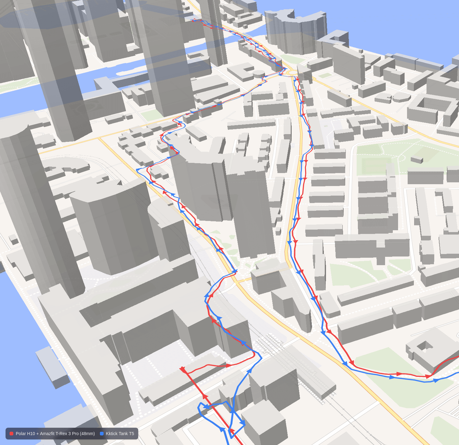 GNSS route comparison in a built-up area, with the KKTICK Tank T5 track staying close to the Amazfit T-Rex 3 Pro despite some wobble around corners and buildings