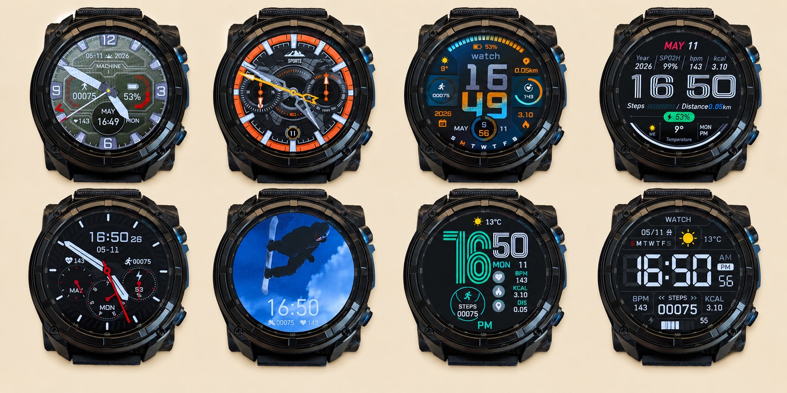 A selection of KKTICK Tank T5 watch faces ranging from analogue-style tactical designs to bold digital layouts and a full-screen photo face