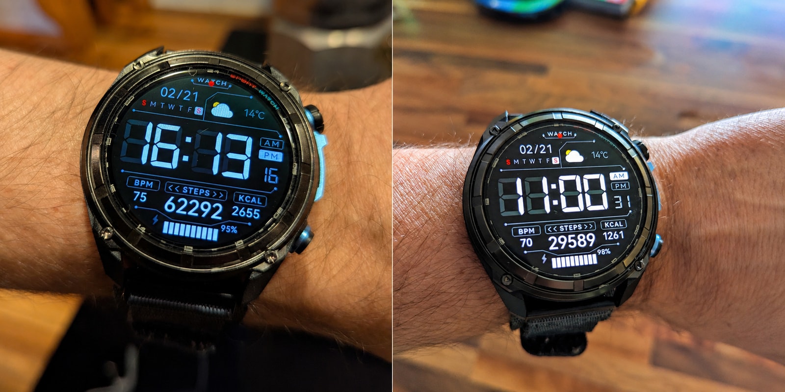 Two indoor snapshots of the KKTICK Tank T5 watch face showing absurdly inflated step totals during ordinary kitchen activity, including a count approaching 30,000 steps by late morning