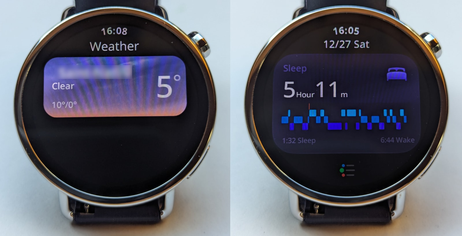 A customizable card interface on the Xiaomi Watch S4 41mm showing activity, heart rate, and weather info
