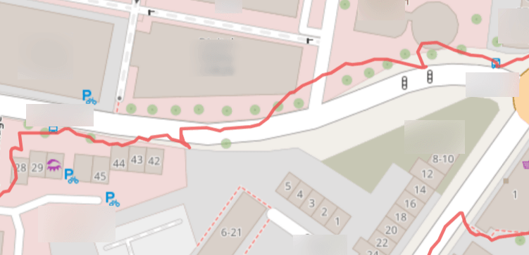 A GNSS track from the Xiaomi Watch S4 41mm in a built-up urban environment, showing noticeable drift and wobble