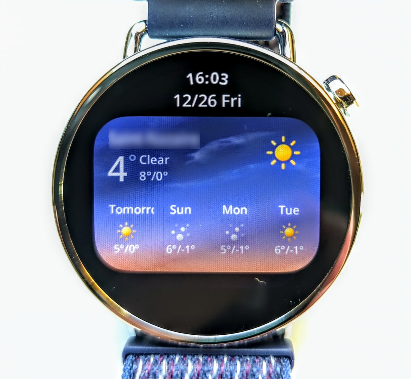 The weather app on the Xiaomi Watch S4 41mm, showing current conditions and a sunset progress graph