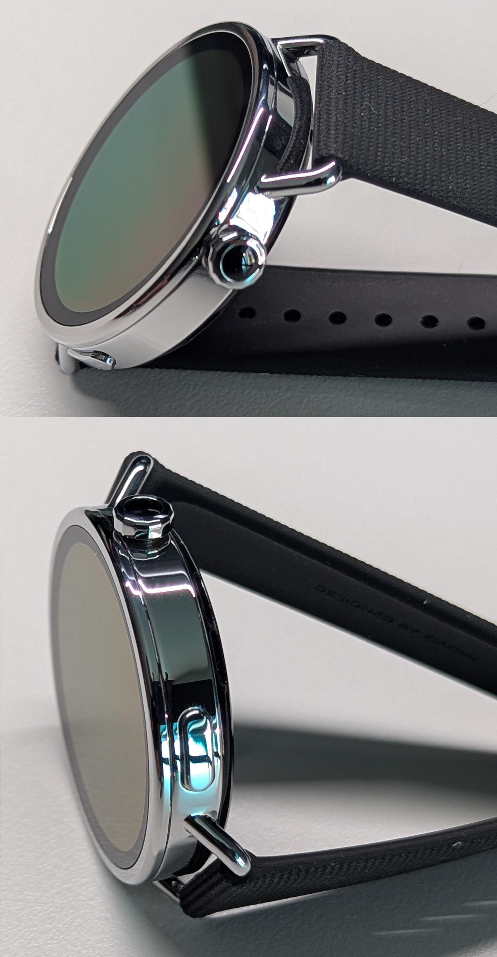 Side profile of the Xiaomi Watch S4 41mm showing the speaker grille and the crown with its decorative inlay