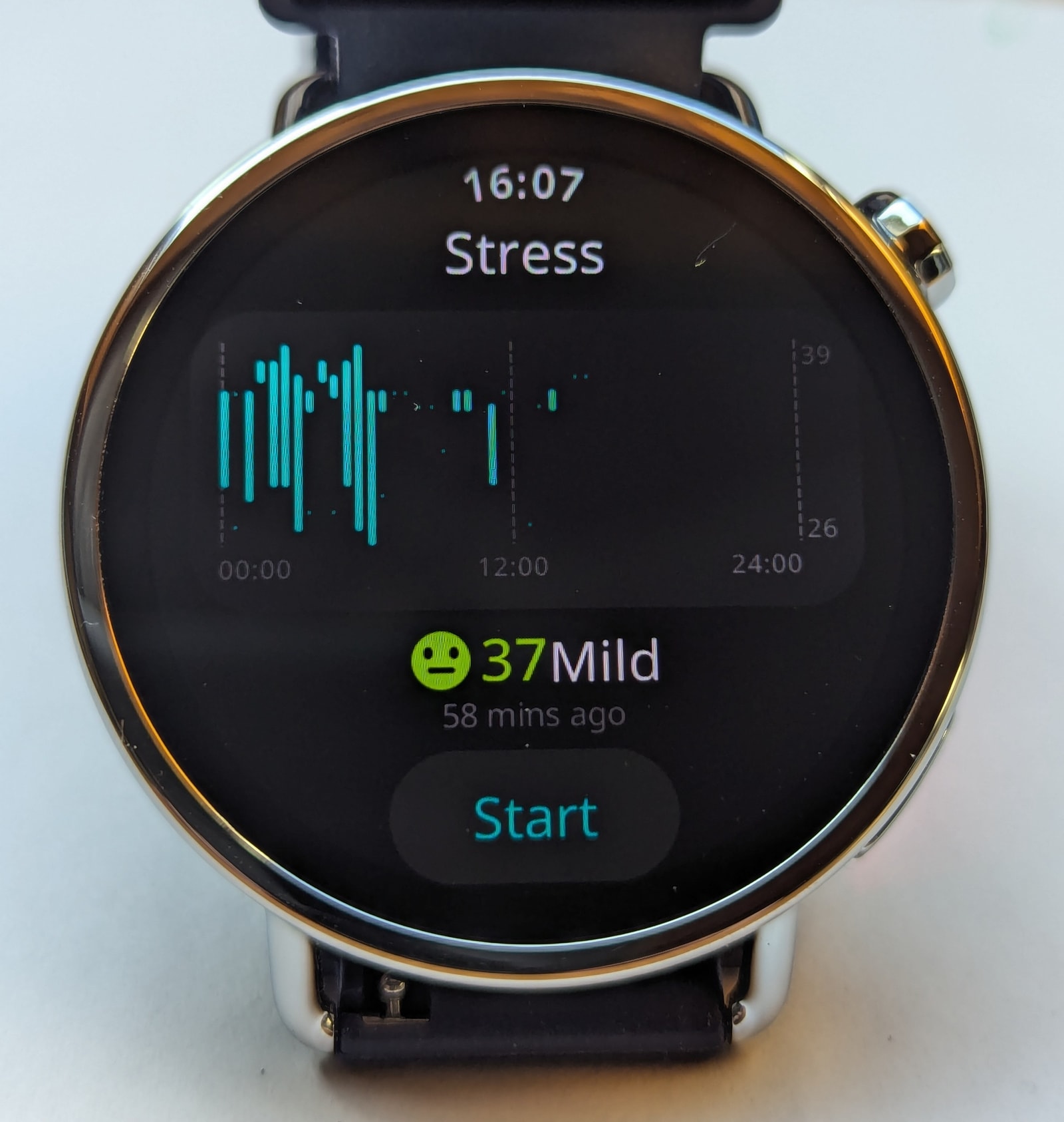 Stress level monitoring on the Xiaomi Watch S4 41mm, showing a 'Relaxed' status on the watch face
